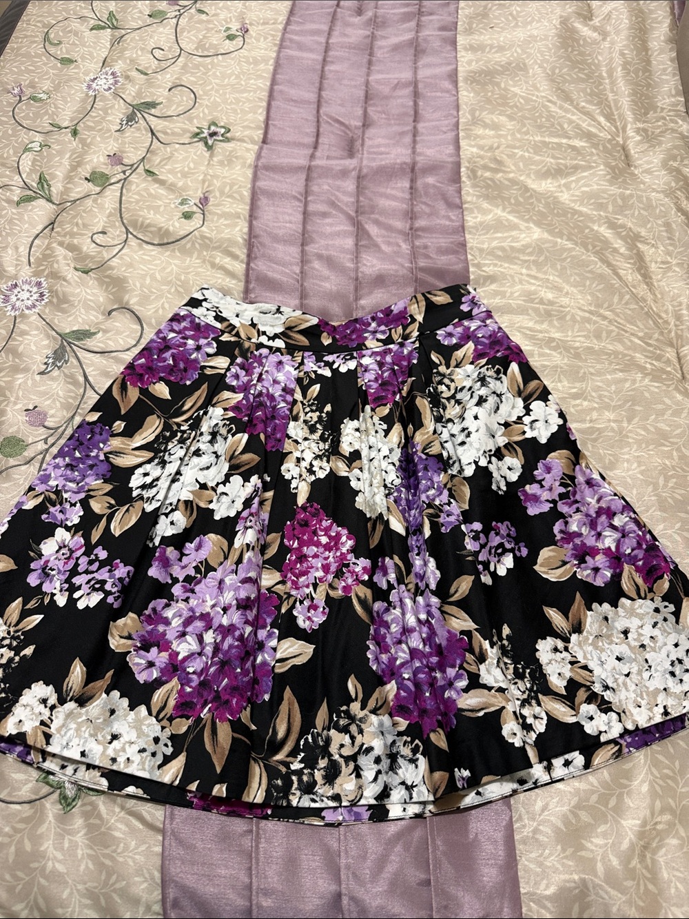 White House Black Market Black Floral Circle Skirt with Purple and White Blooms